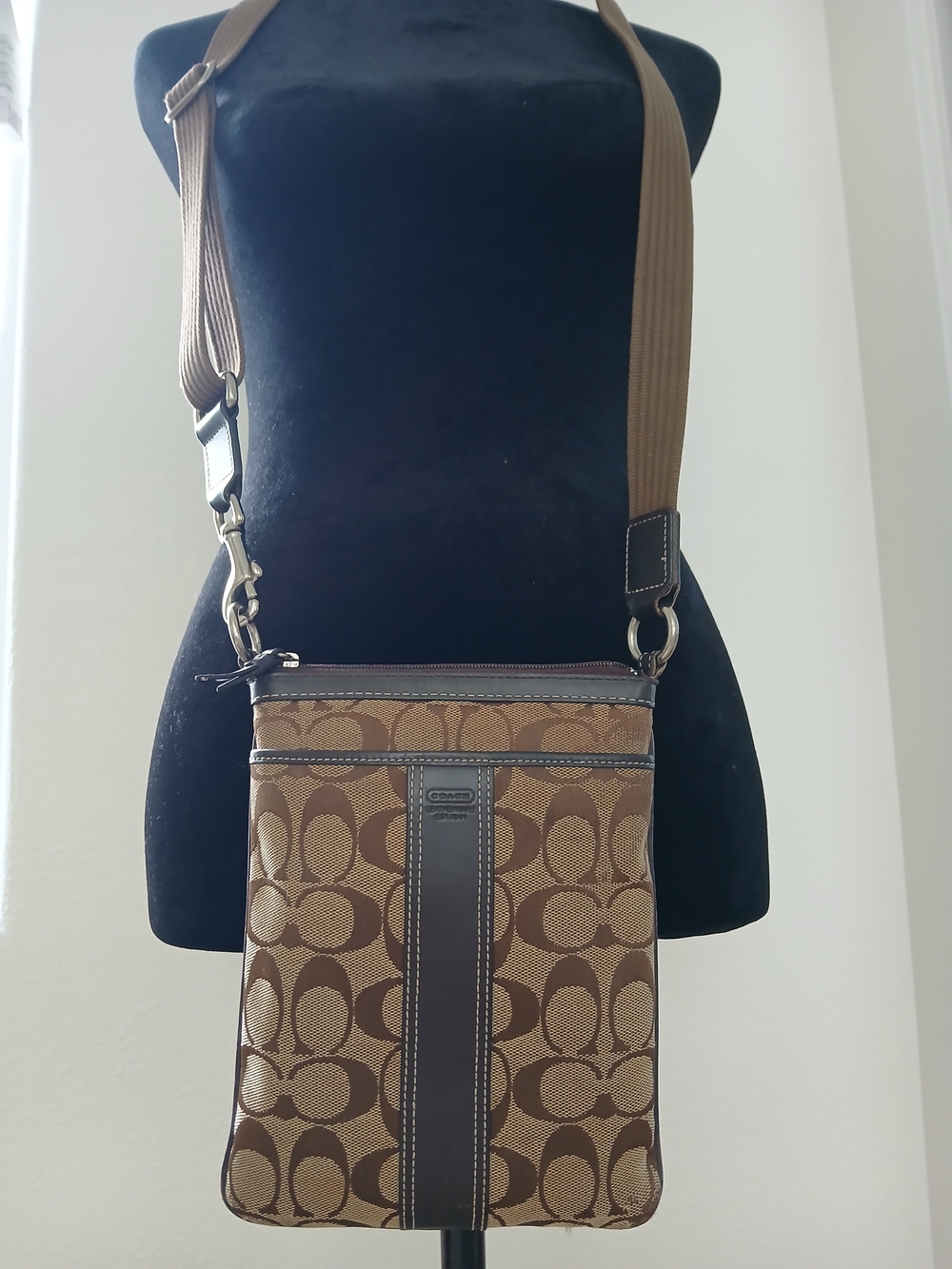 Coach Brown Signature Canvas Crossbody Messenger with Dark Brown Trim